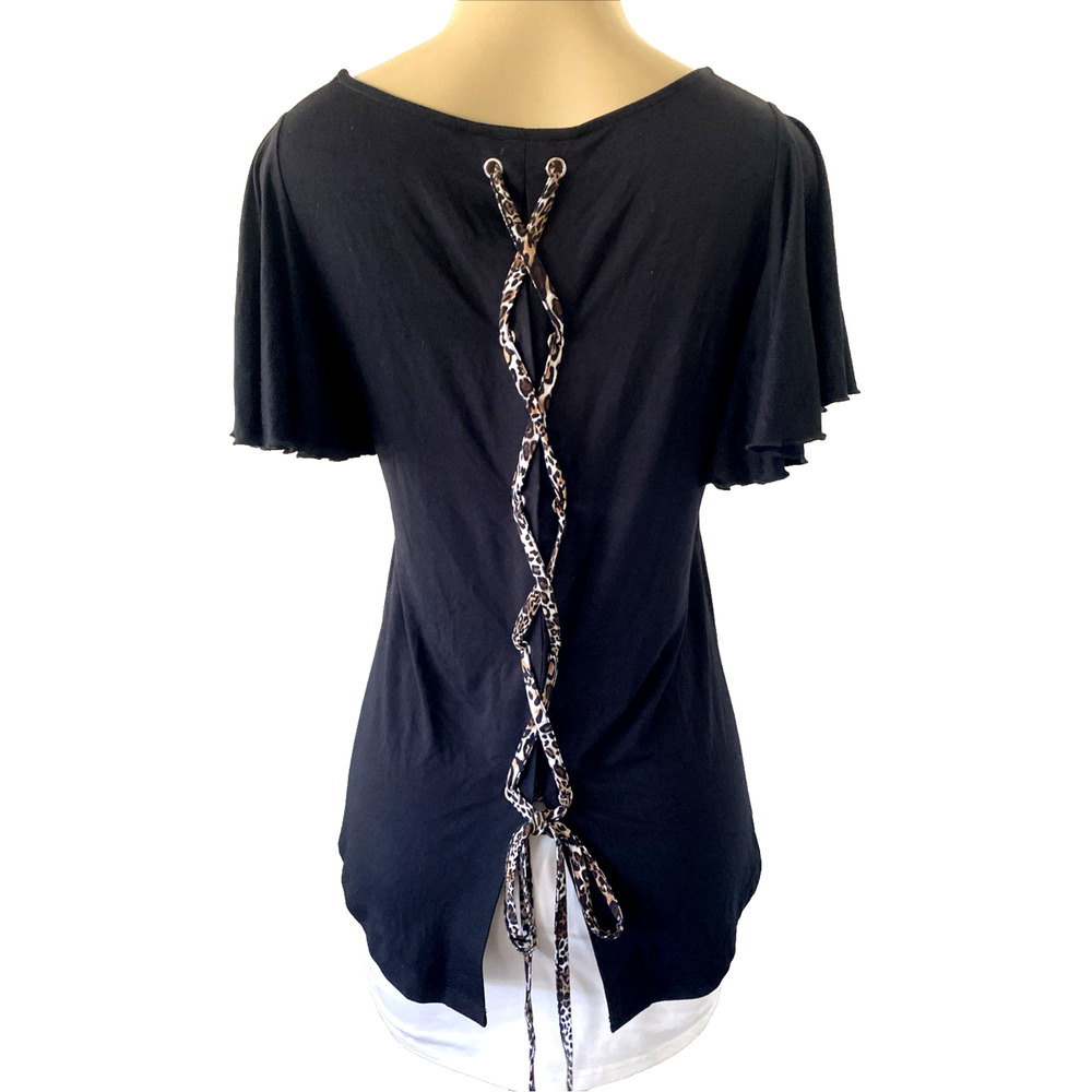 Liu Jo Top Blouse Flutter Short Sleeve Black Round Neck Shirt Animal Lace Up XS